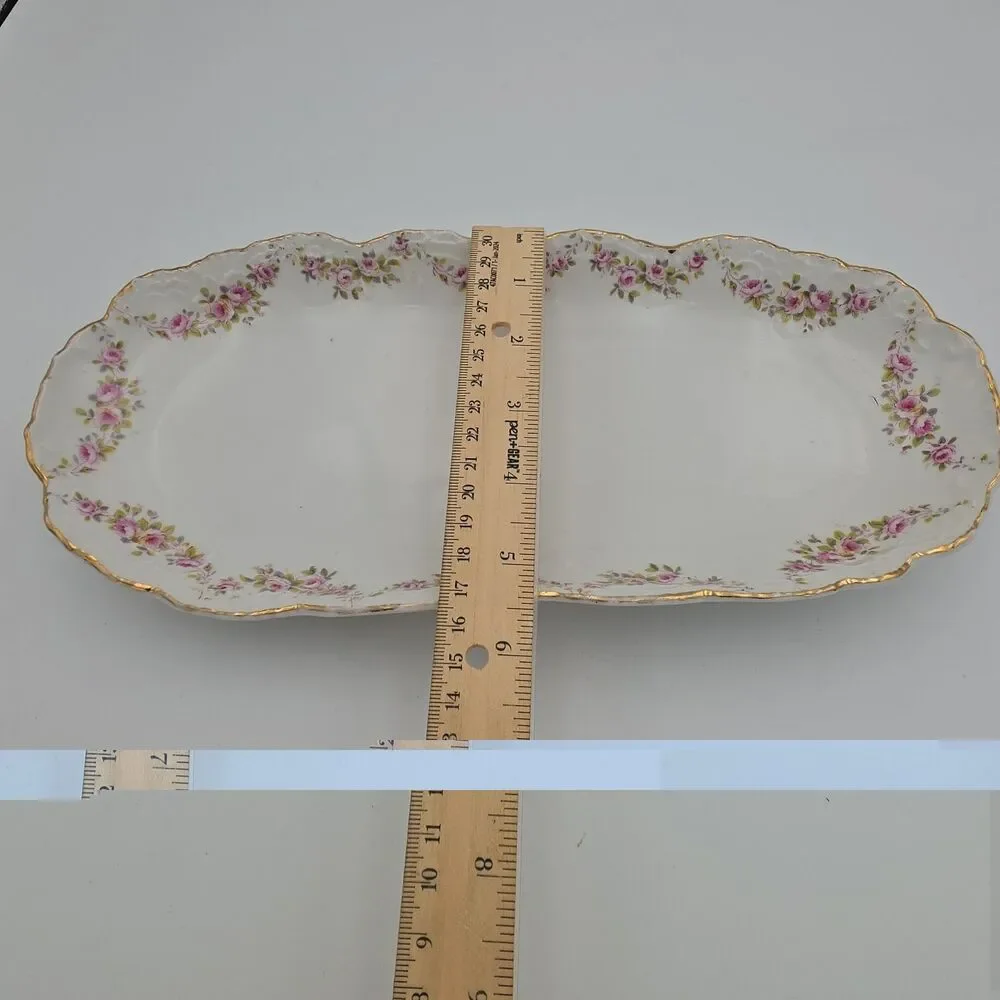 Antique Austria Karlsbad Porcelain Serving Tray Pink Roses Gold Gilt 12x6
